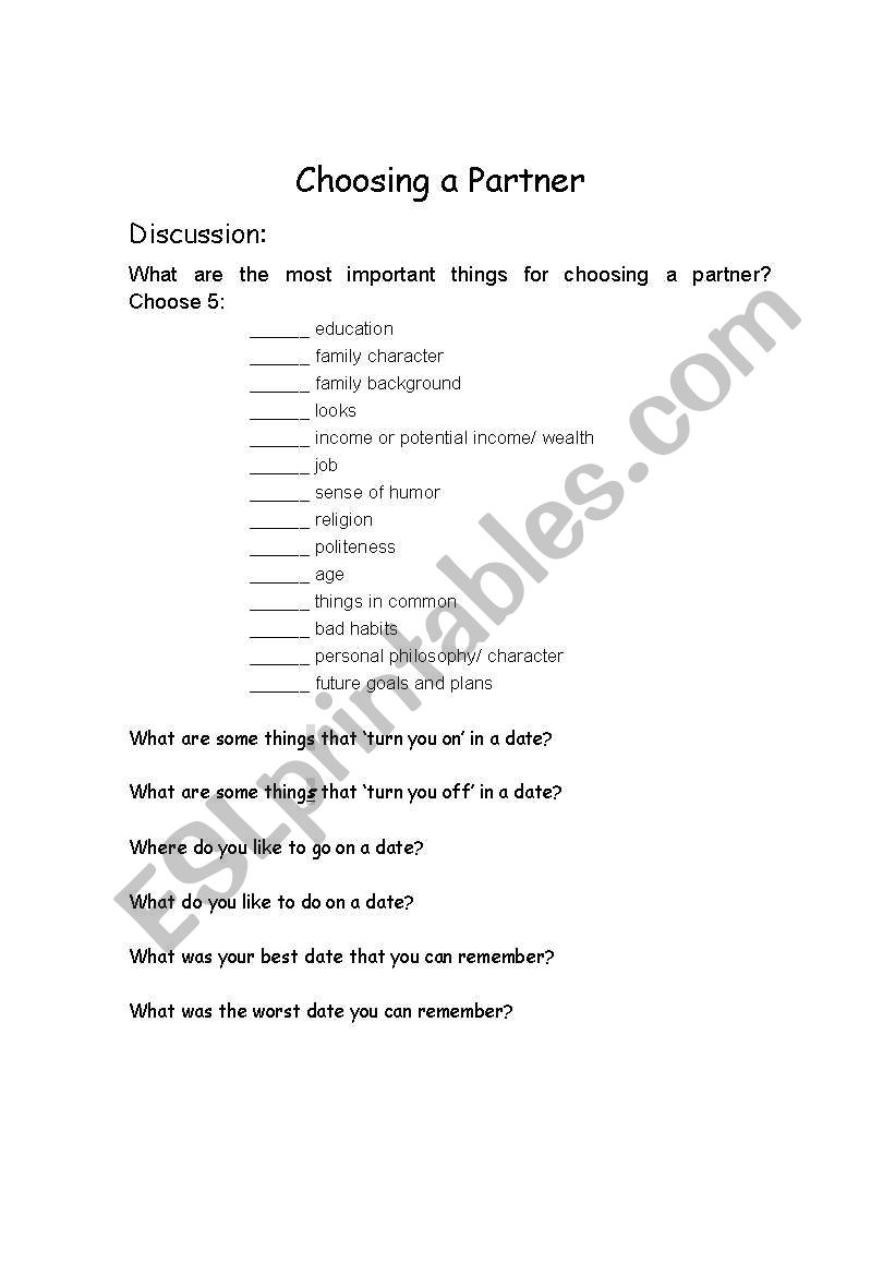 Choosing a Partner worksheet