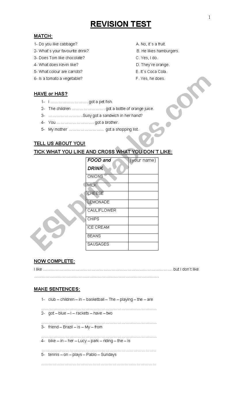 REVISION TEST  worksheet