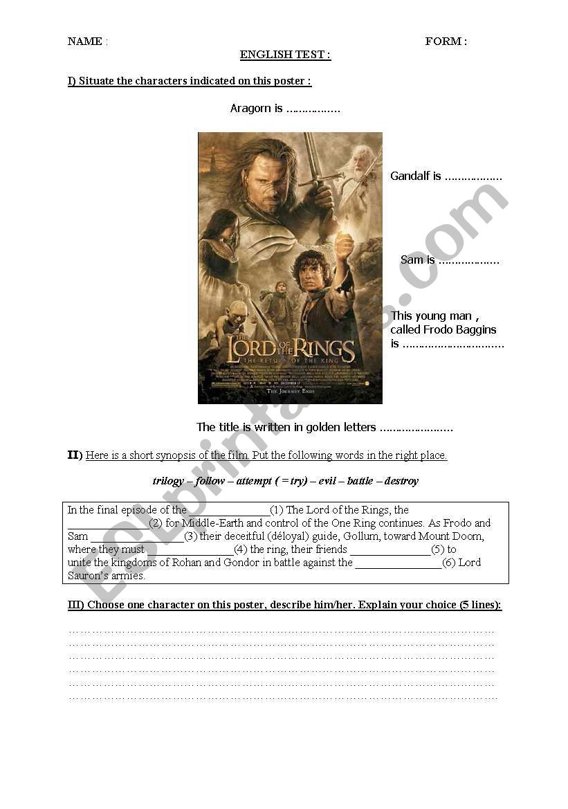 Lord of the Rings poster test worksheet