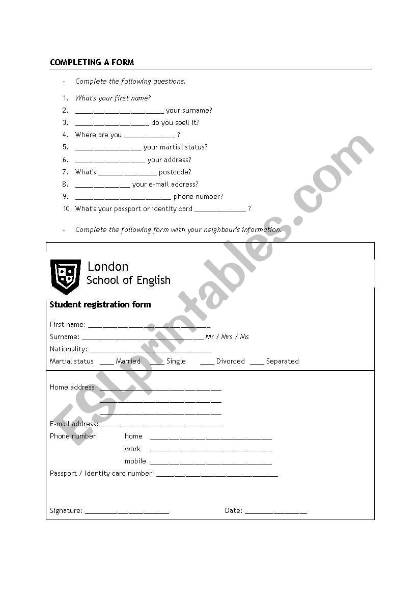 Completing a form worksheet