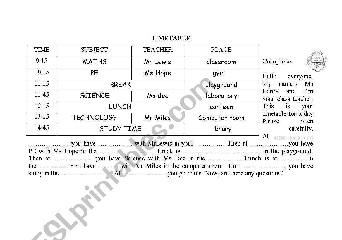 SCHOOL TIMETABLE worksheet