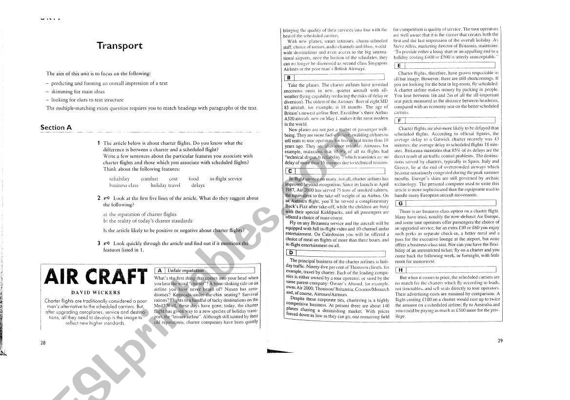 Transport - Aircraft PART 1 worksheet