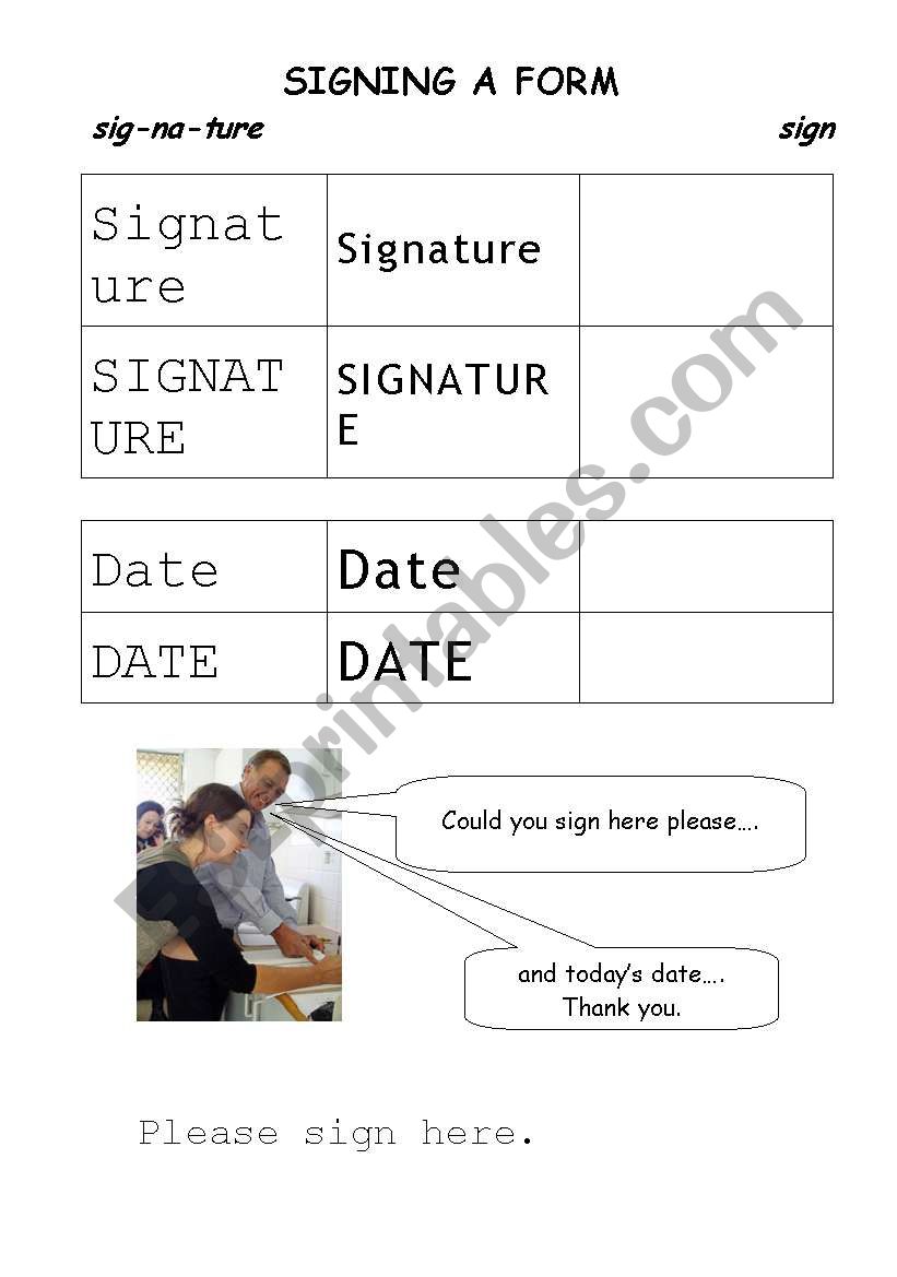 Signing a Form worksheet