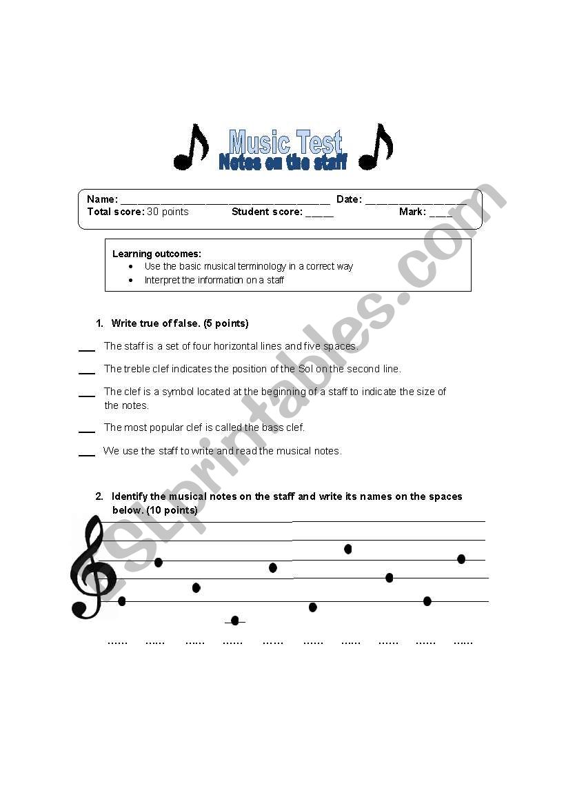 music test worksheet