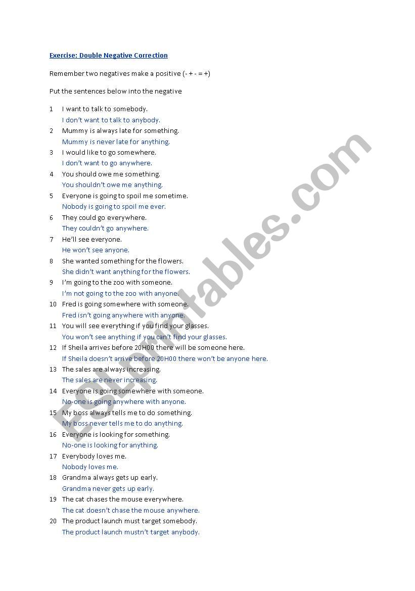 English Worksheets Double Negative Worksheet