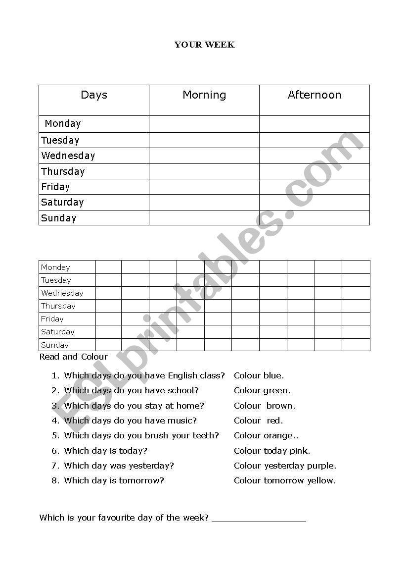 Colour your week worksheet