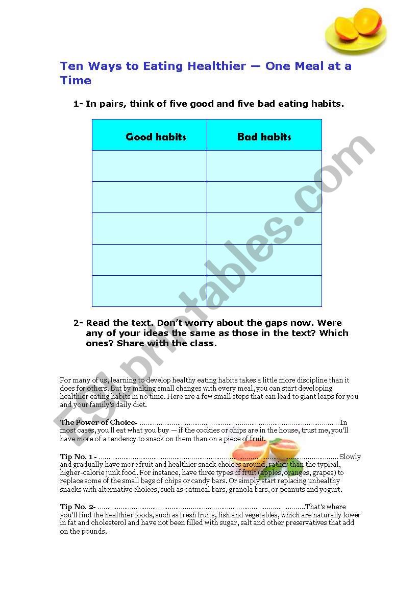 Ten Ways of Eating Healthy - ESL worksheet by nancrisatr