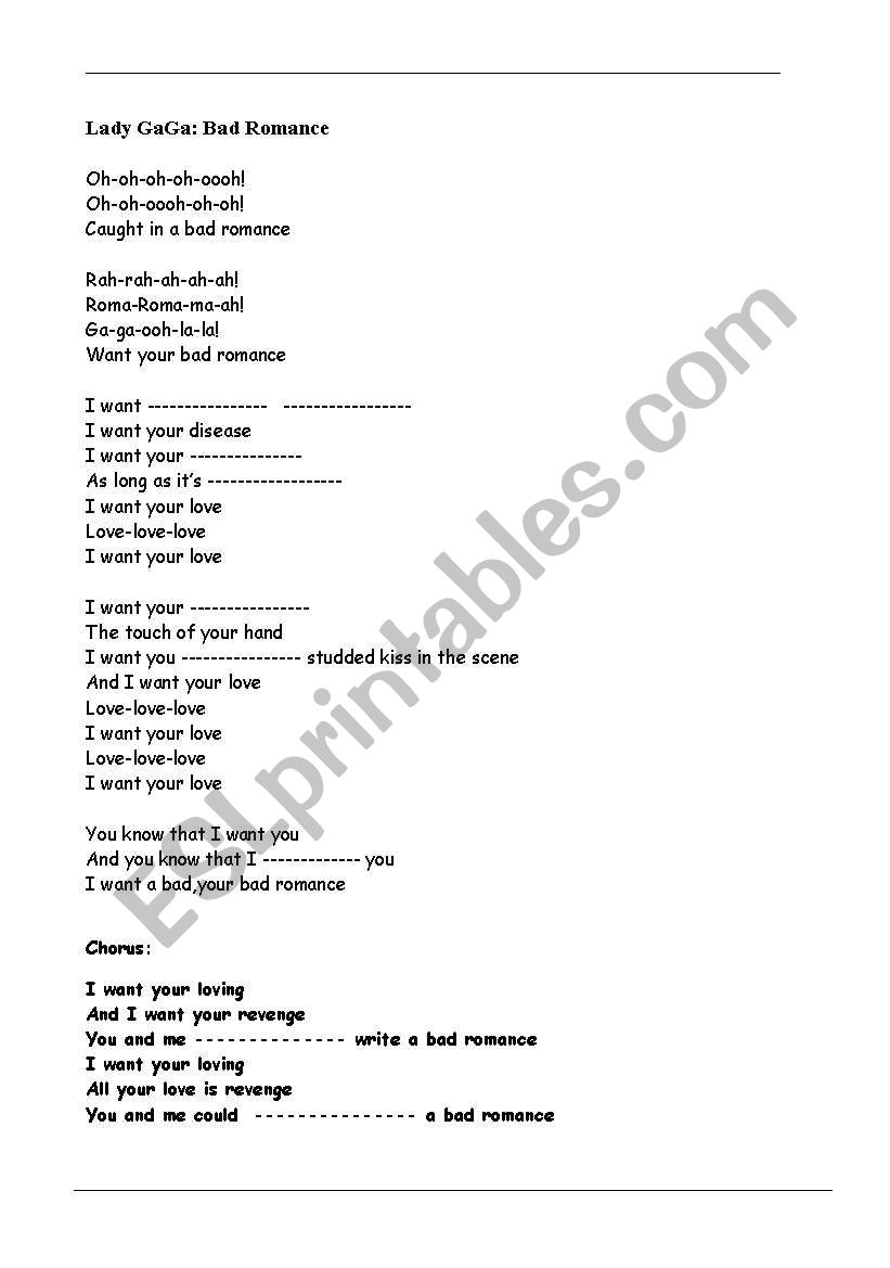 Bad romance worksheet