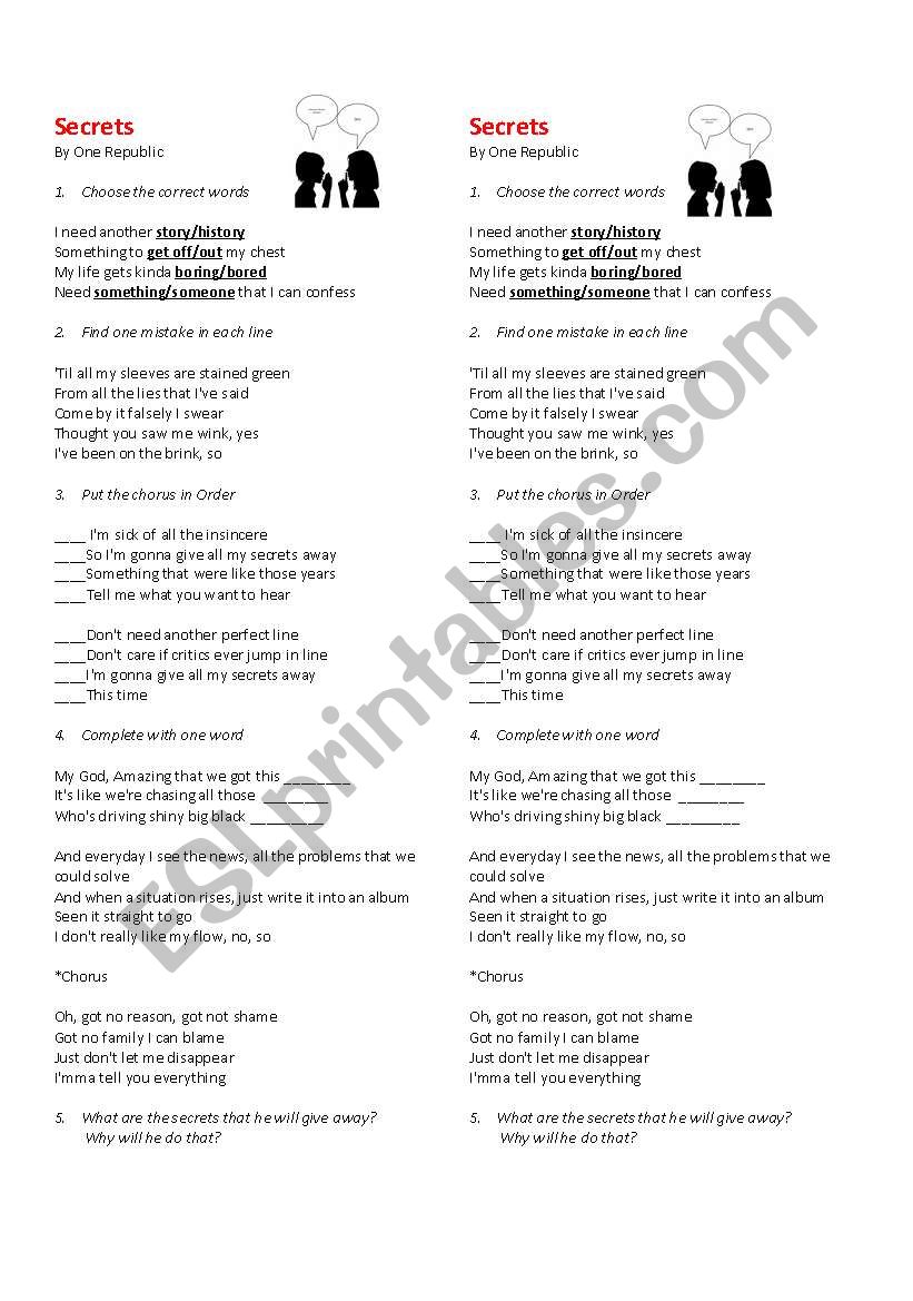 Secretsby One republic worksheet