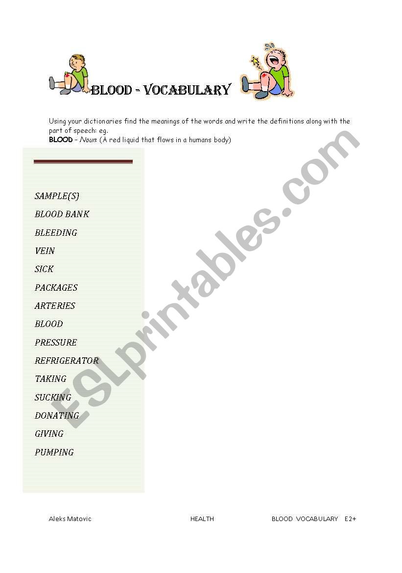 Blood vocabulary worksheet