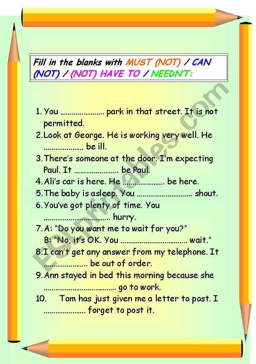 Mustn´t - Not have to - Cannot - Needn´t - ESL worksheet by samet2015