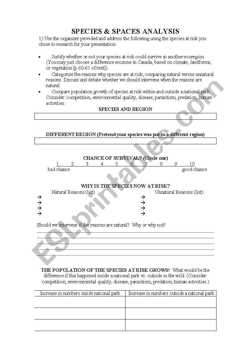 Species and Spaces worksheet