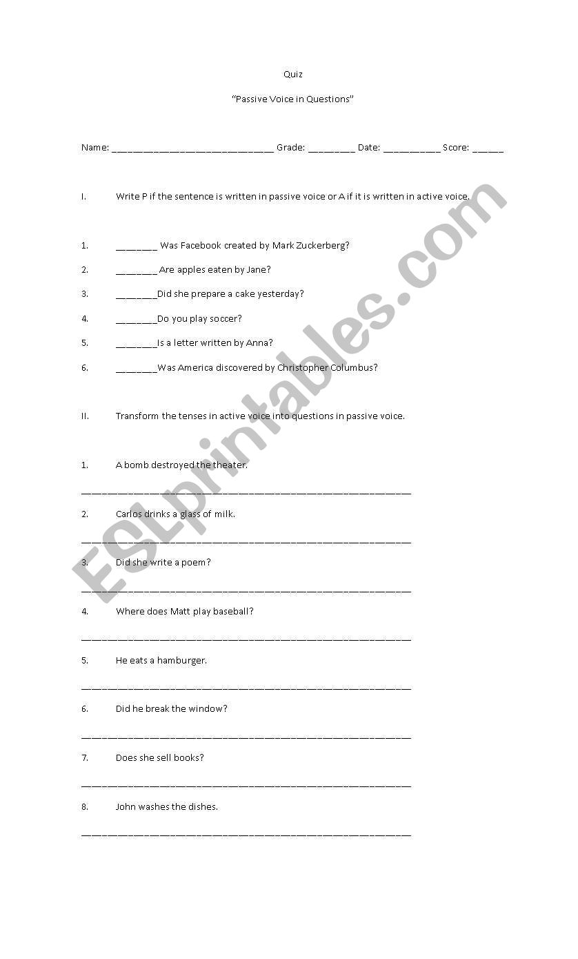 Passive voice in questions worksheet