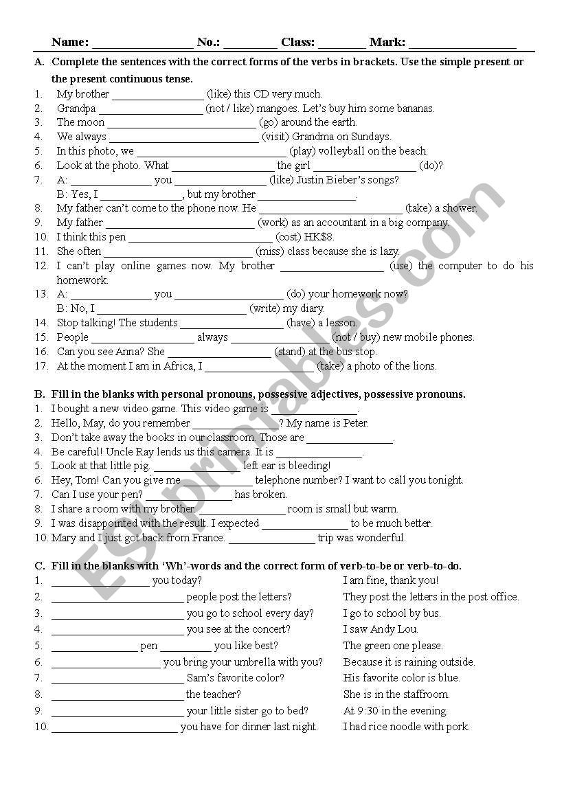 worksheet on wh-question, preposition of place, simple present tense ...
