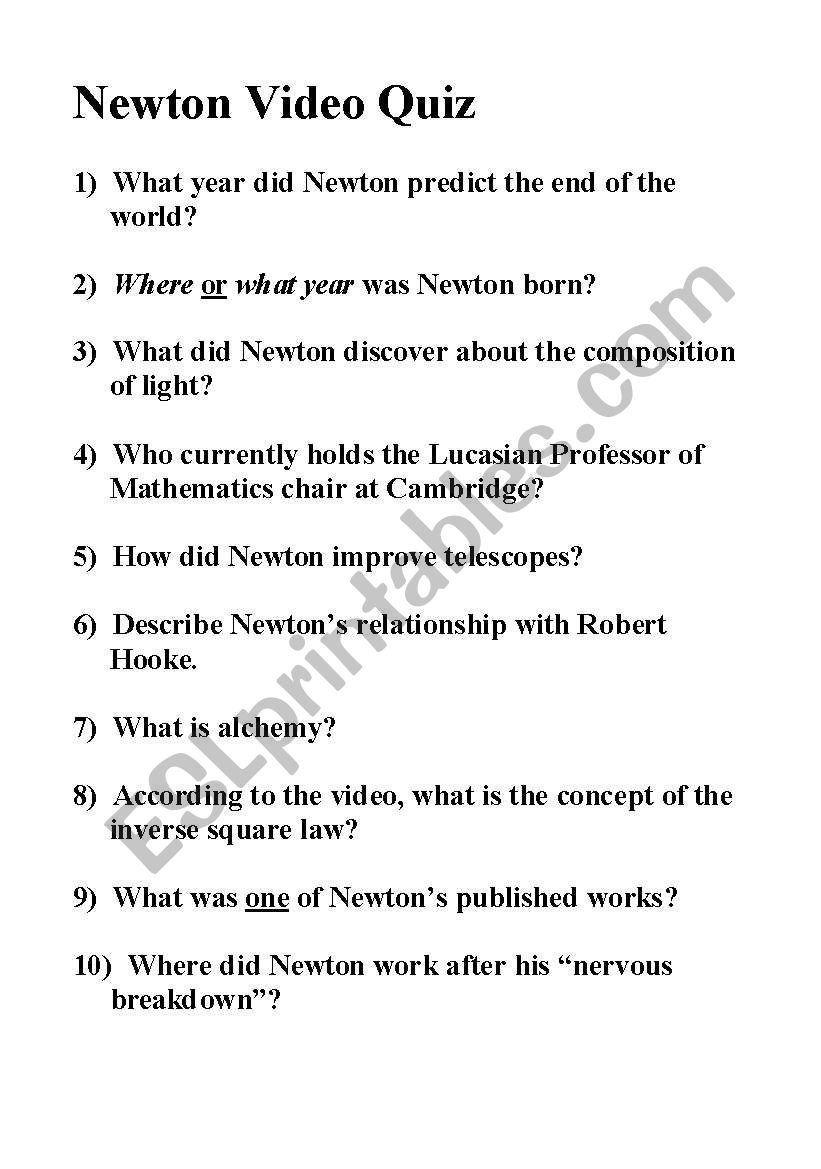 Newtons Dark Secrets Vidoe Quiz (NOVA)