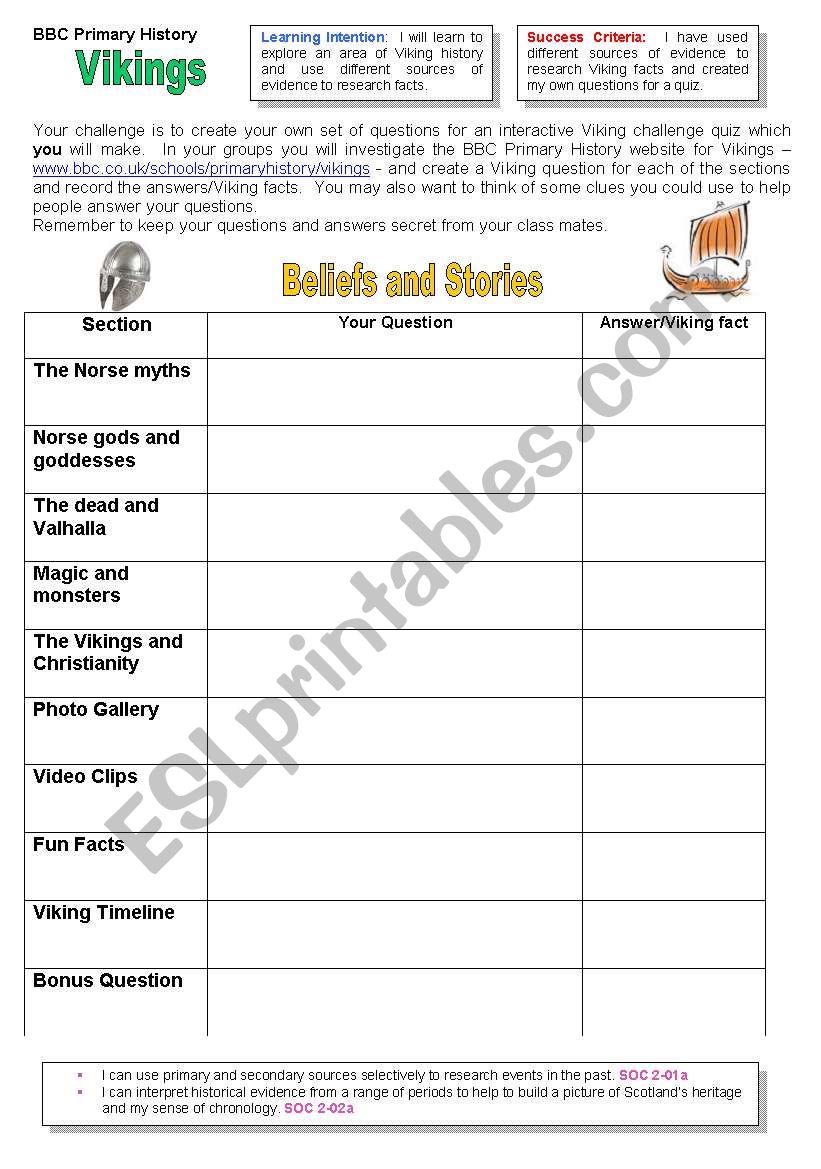 BBC Primary History Challenge worksheet