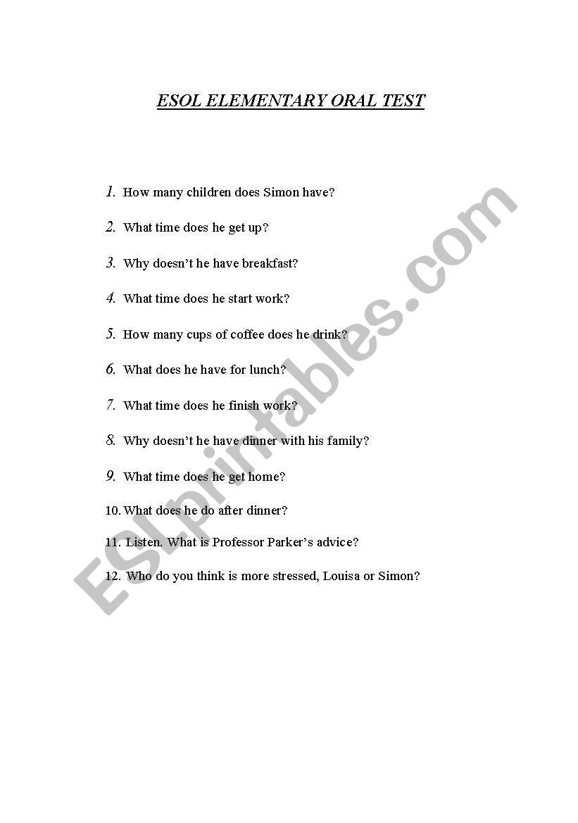 Elementary Oral Test worksheet