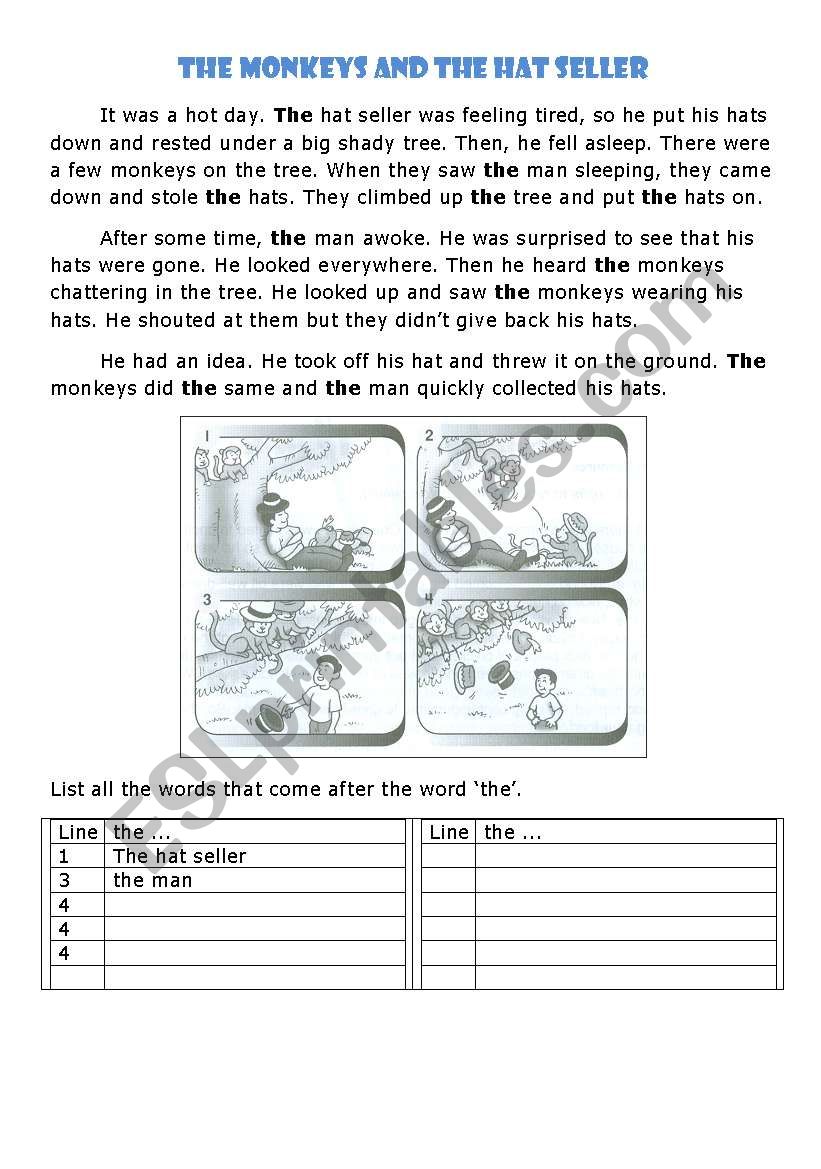 The Monkey And The Hat Seller worksheet