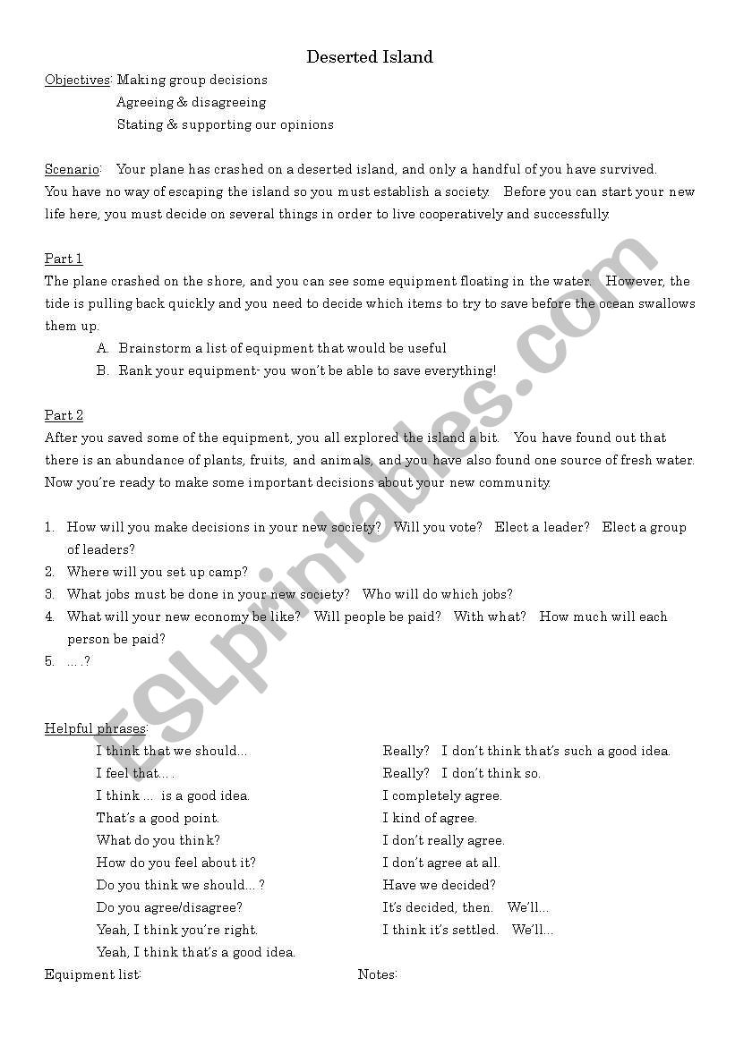 Deserted Island Scenario worksheet