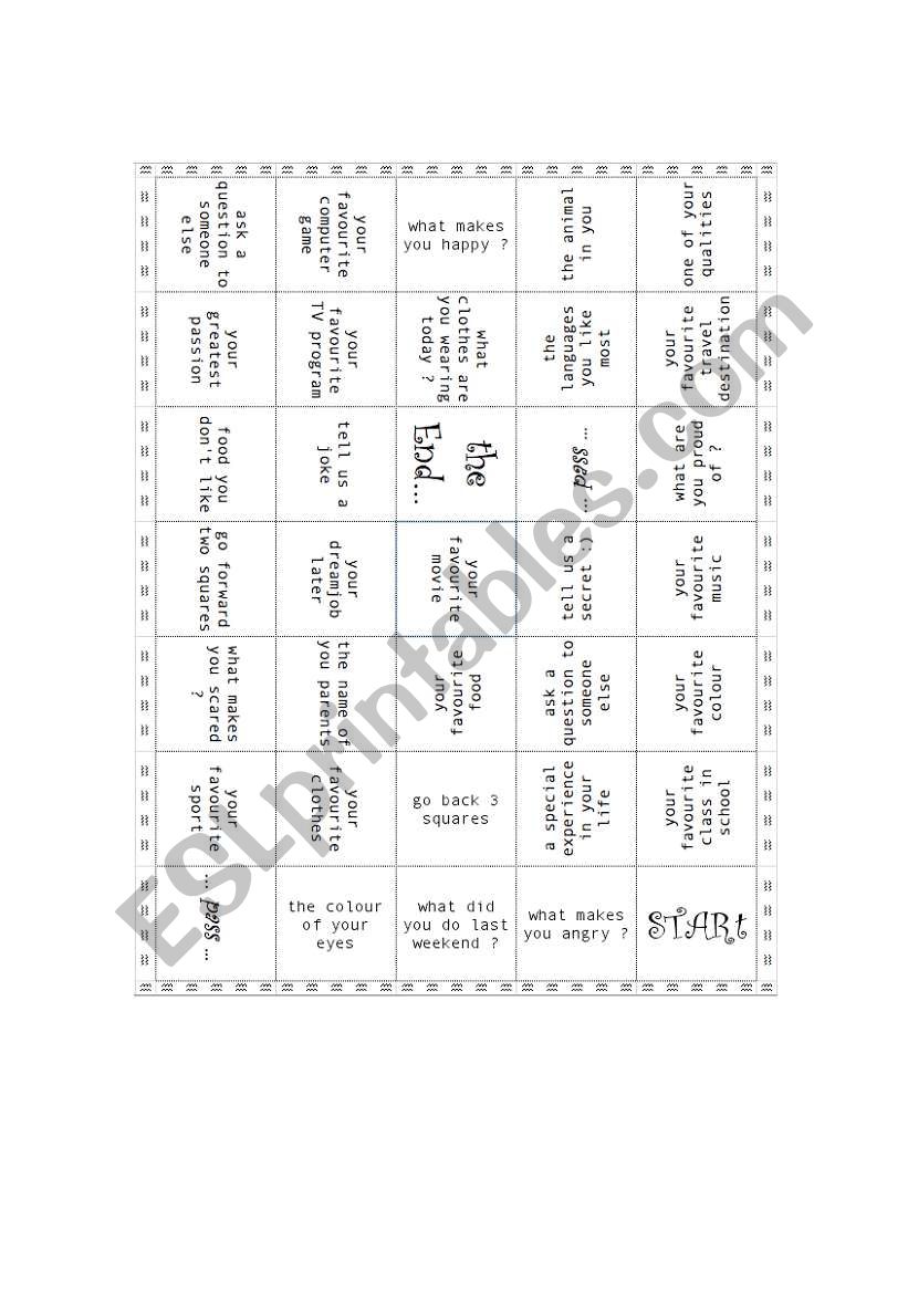 Board game worksheet