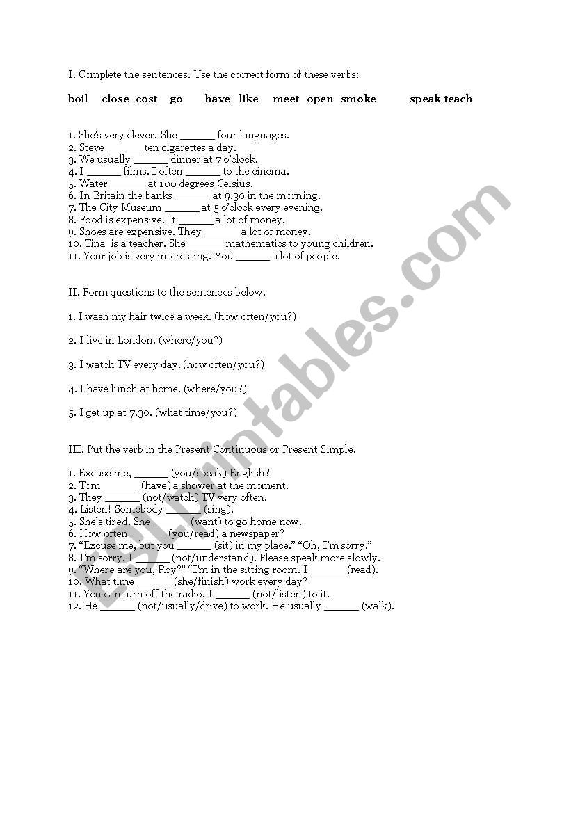 Revision of Present Simple and Continuous