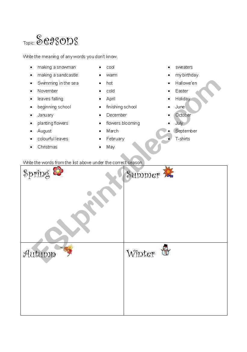 Seasons of the year worksheet