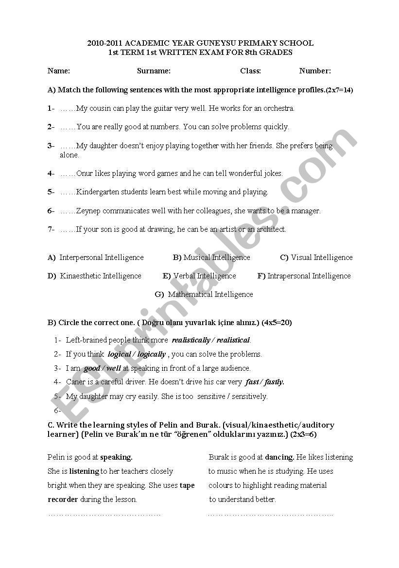 exam for 8th grades worksheet