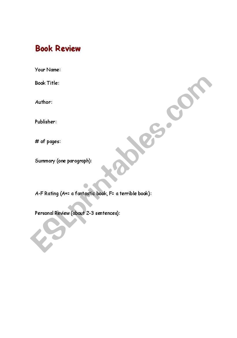 Book Review worksheet