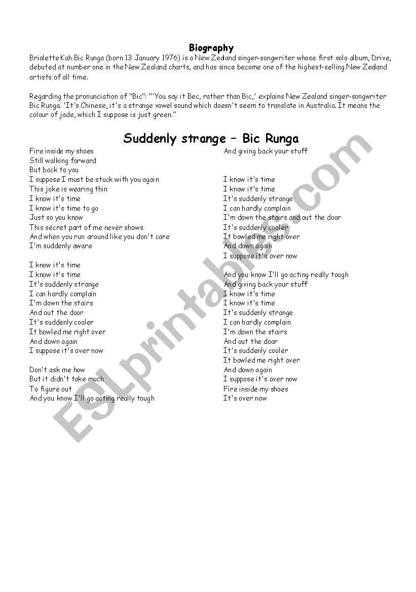 Bic Runga Song worksheet