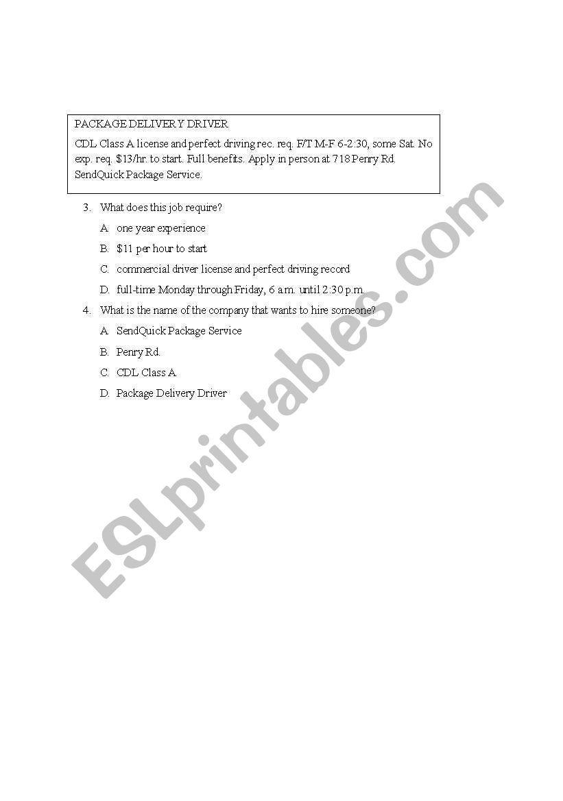 English worksheets: Practice Test for CASAS R83 and R84