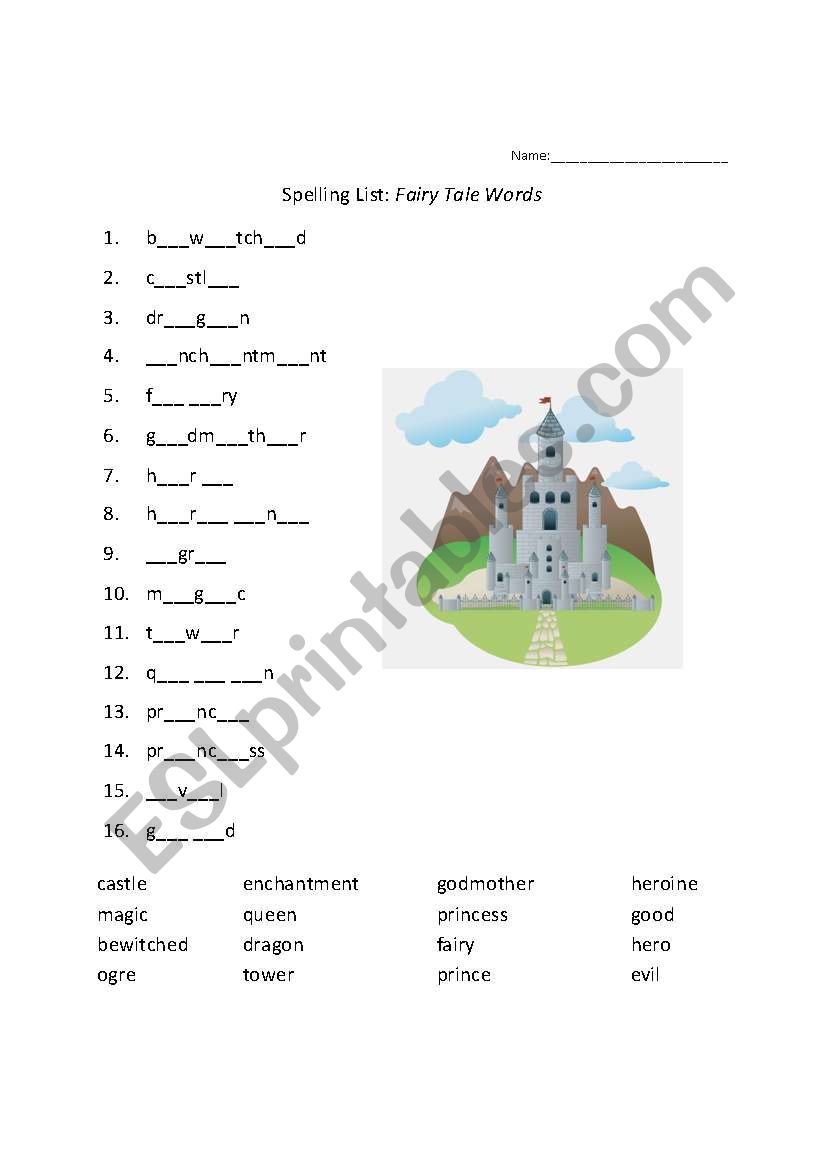 Fairy Tale Spelling Words worksheet