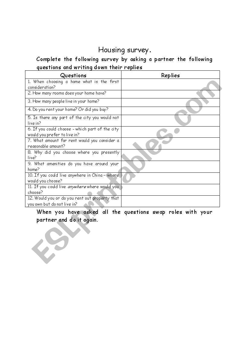 housing survey worksheet