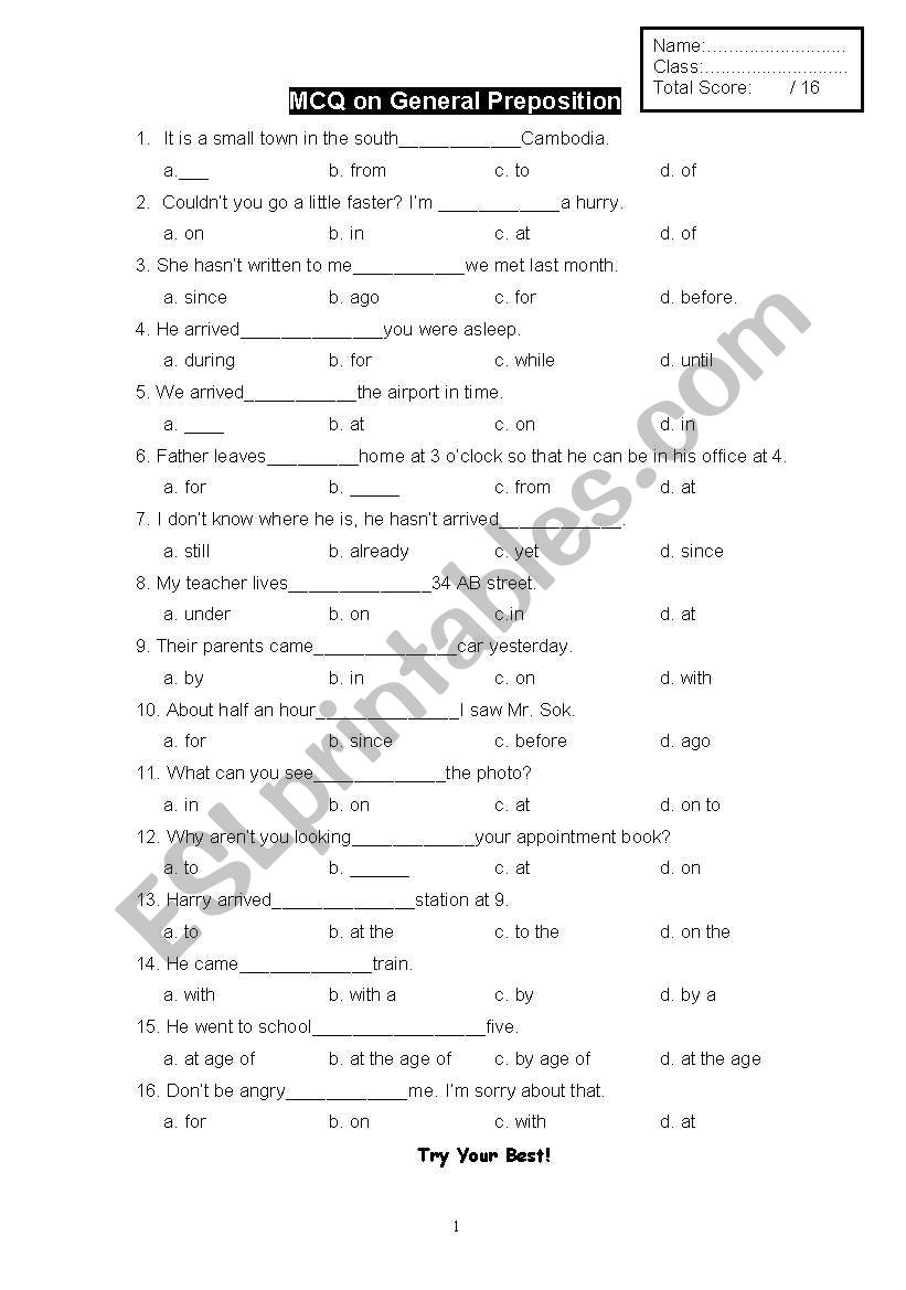 MCQ on General Preposition worksheet