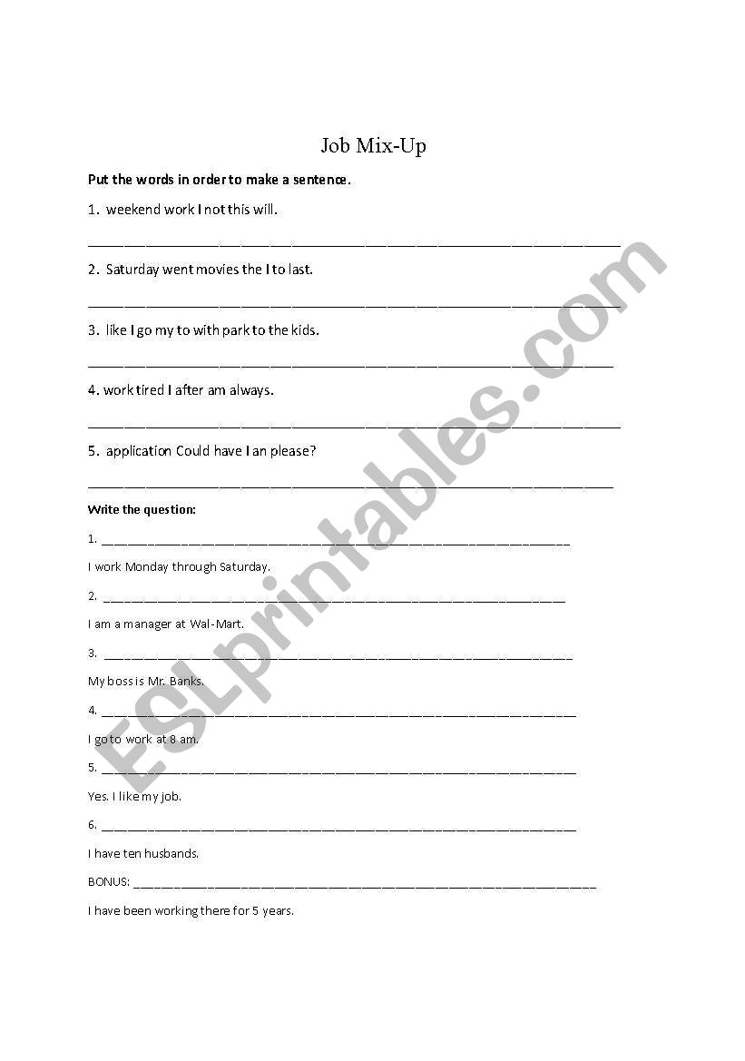 Job Mix-Up worksheet