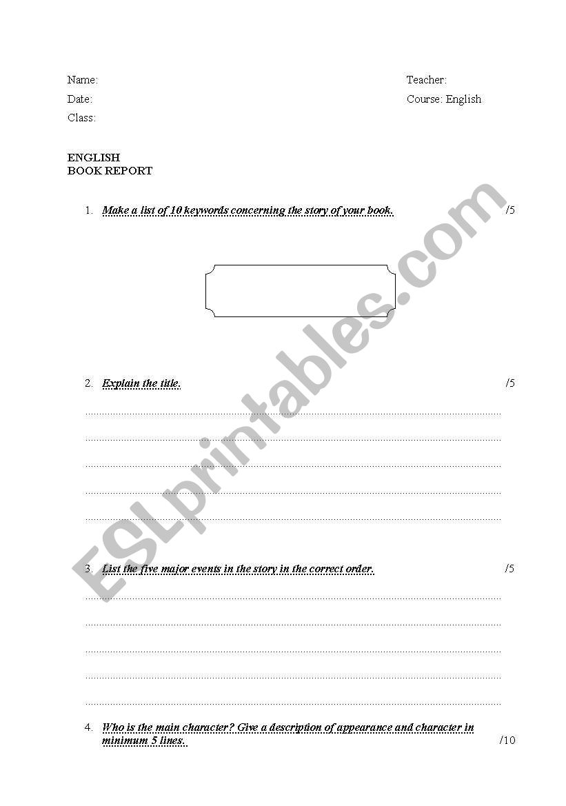 English Worksheets Worksheet Book Report