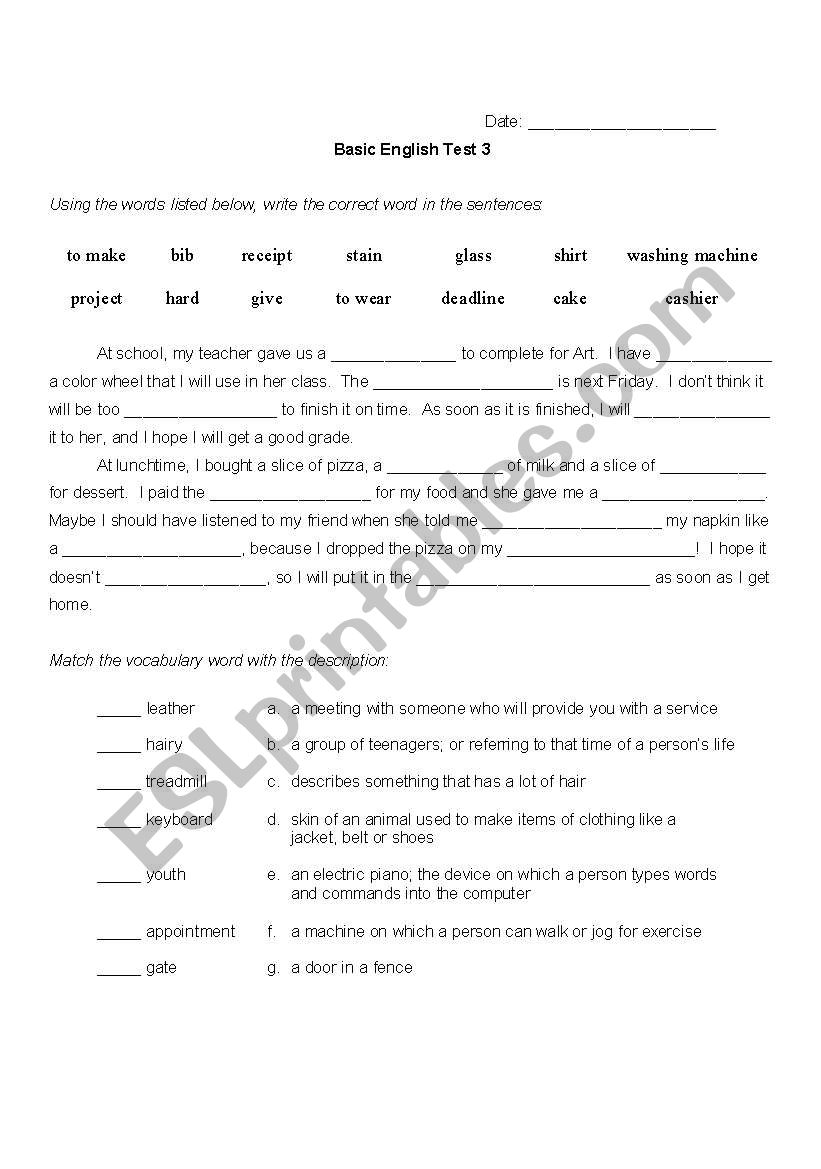 Basic English Test 3 worksheet