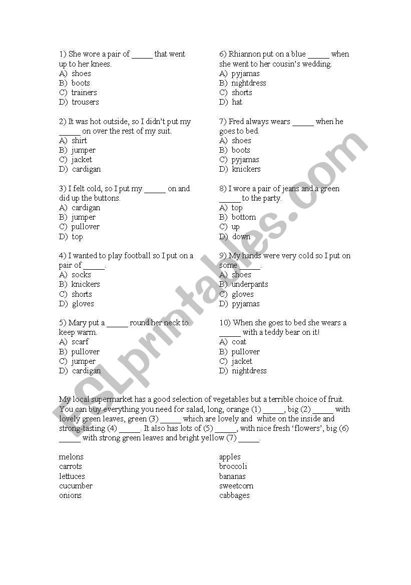 Food and clothes worksheet