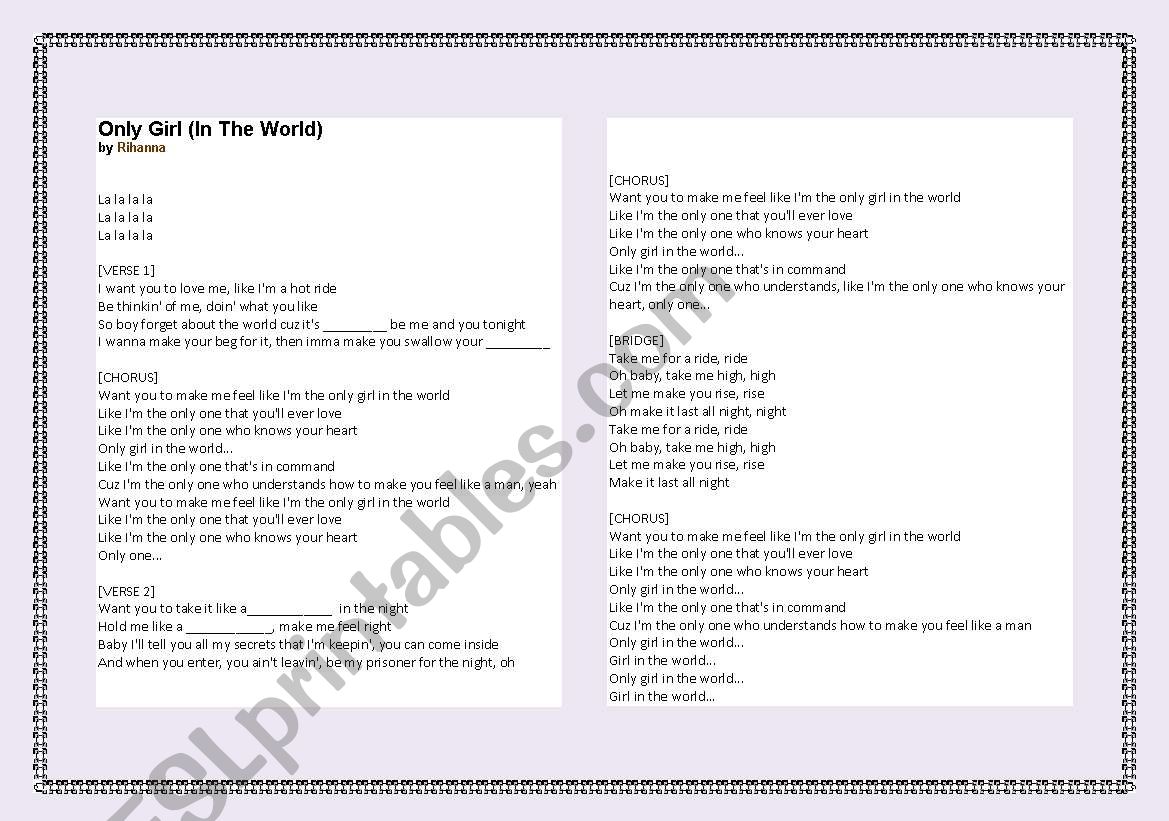 Song: Only girl (Rhianna) worksheet