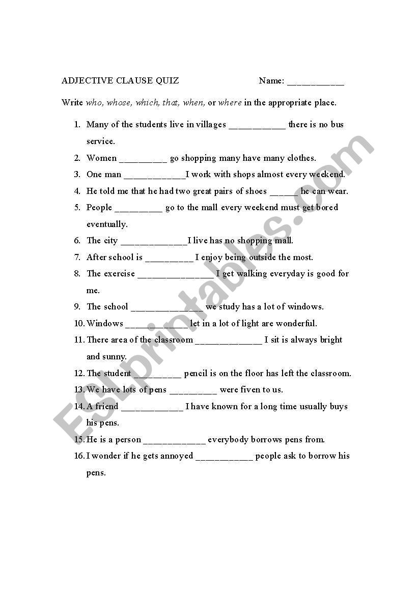 English Worksheets Adjective Clause Quiz