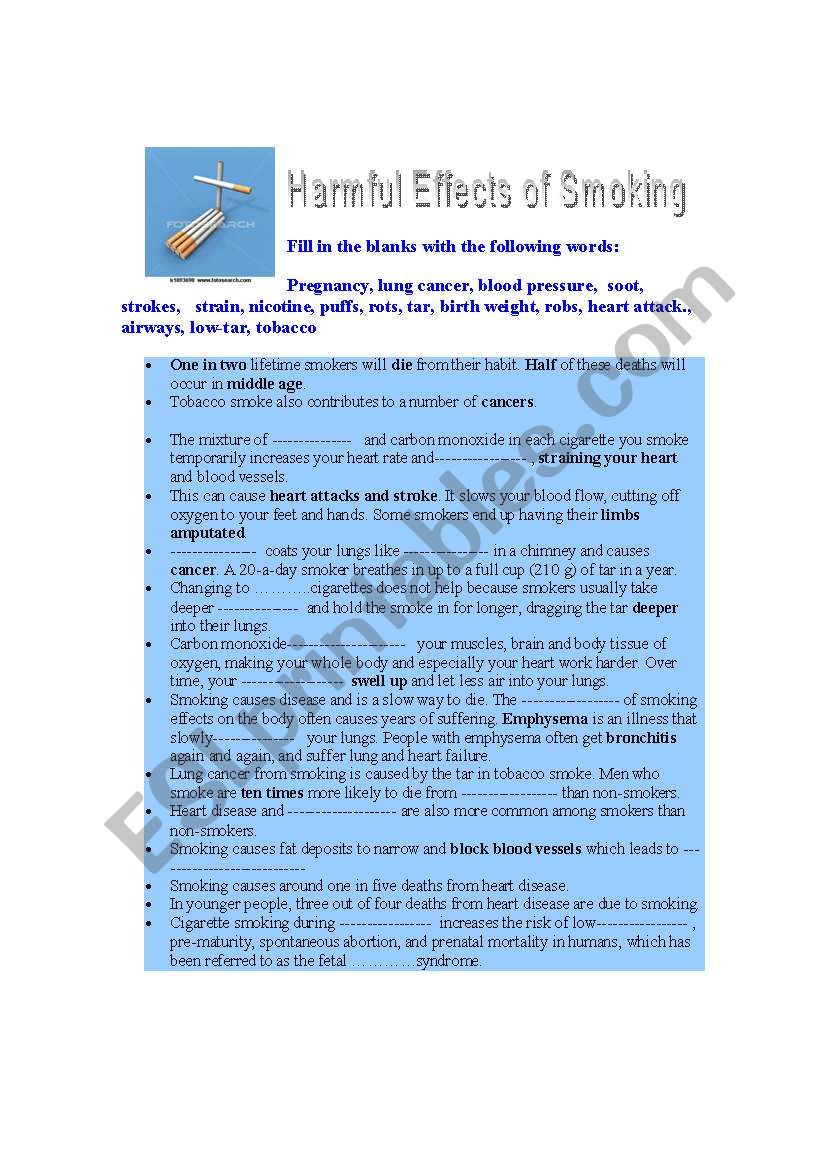 HARMFUL EFFECTS OF SMOKING worksheet