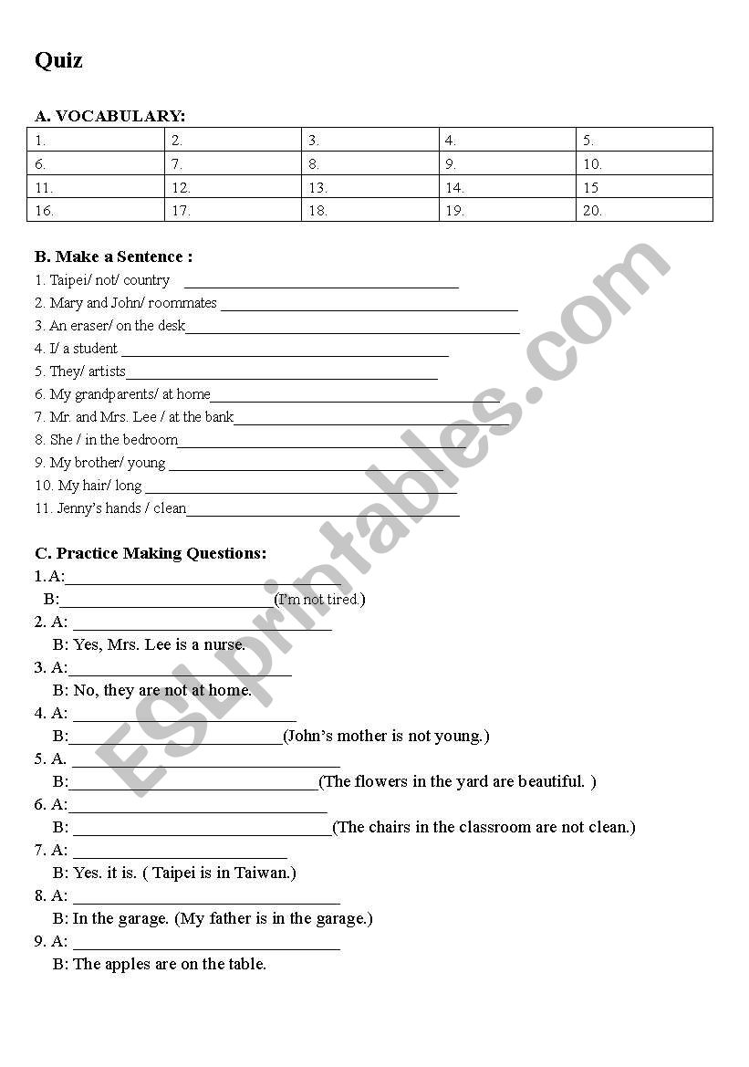 BE Verb worksheet