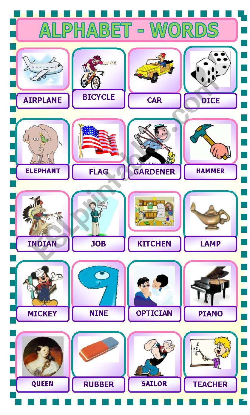 ALPHABET WORDS ESL Worksheet By Ascincoquinas