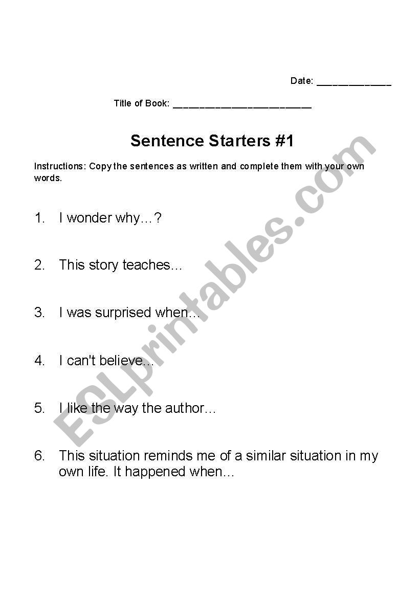 Reading Response Sentence Starters