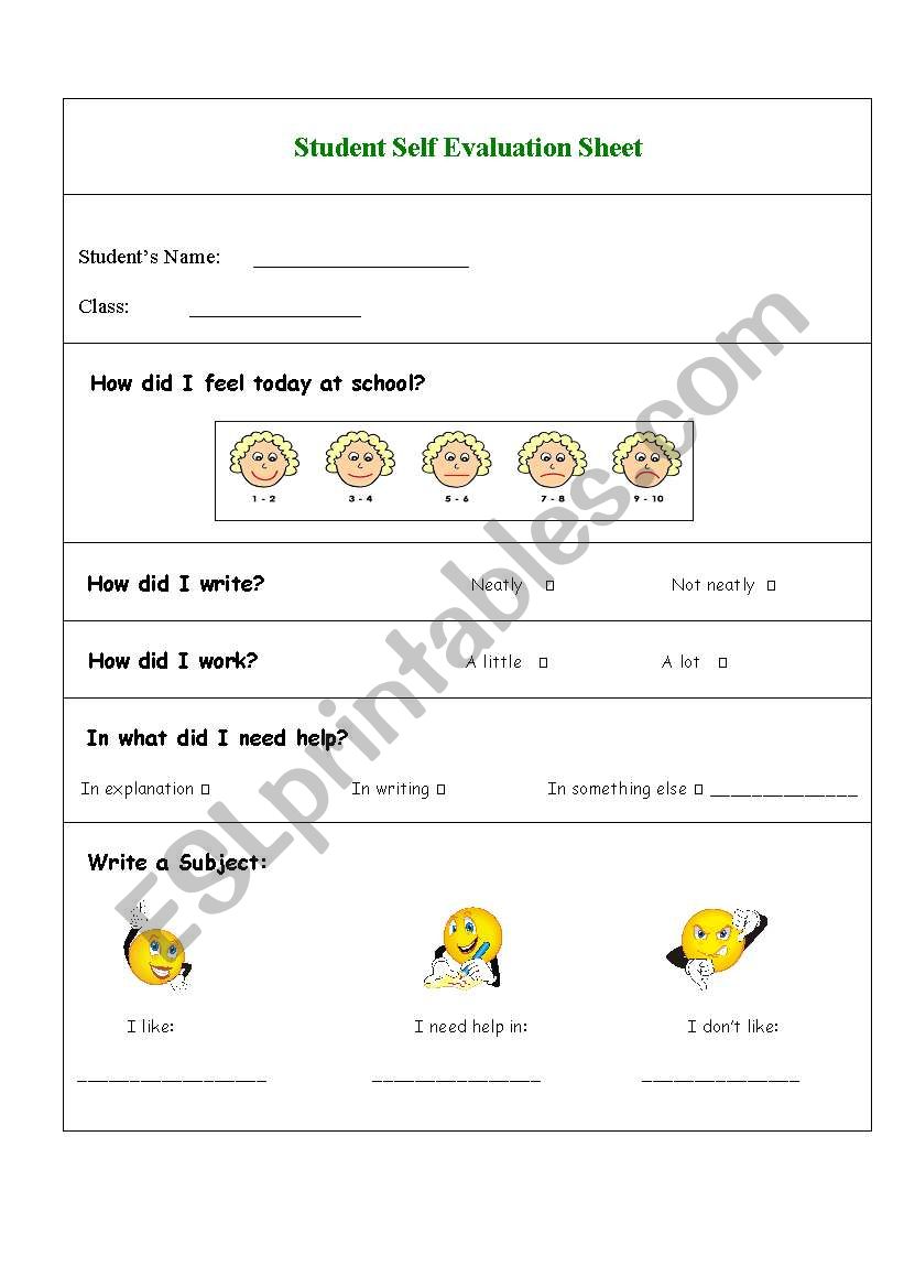 English worksheets: Student´s Self Evaluation Sheet
