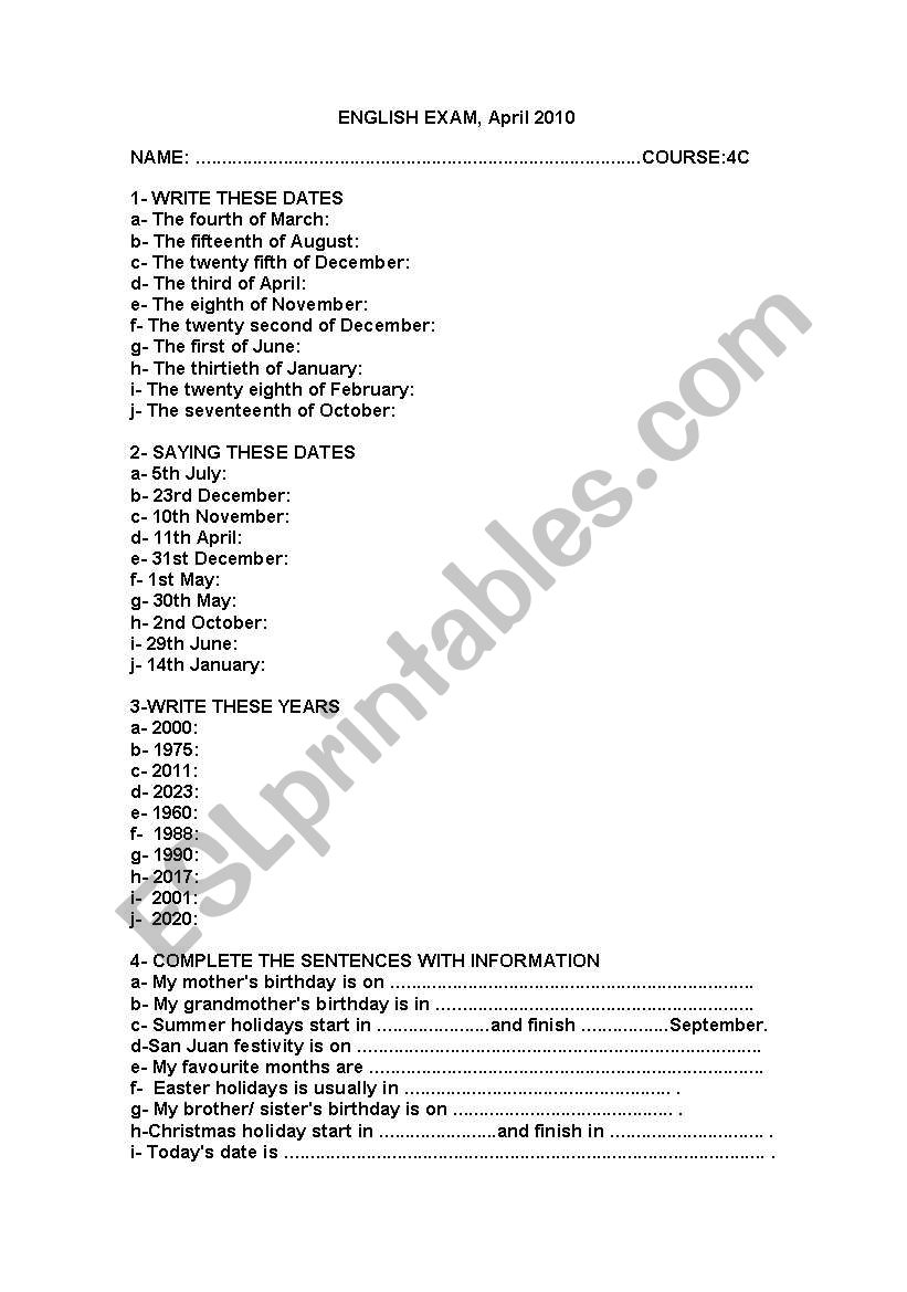 Dates, Months and Years worksheet