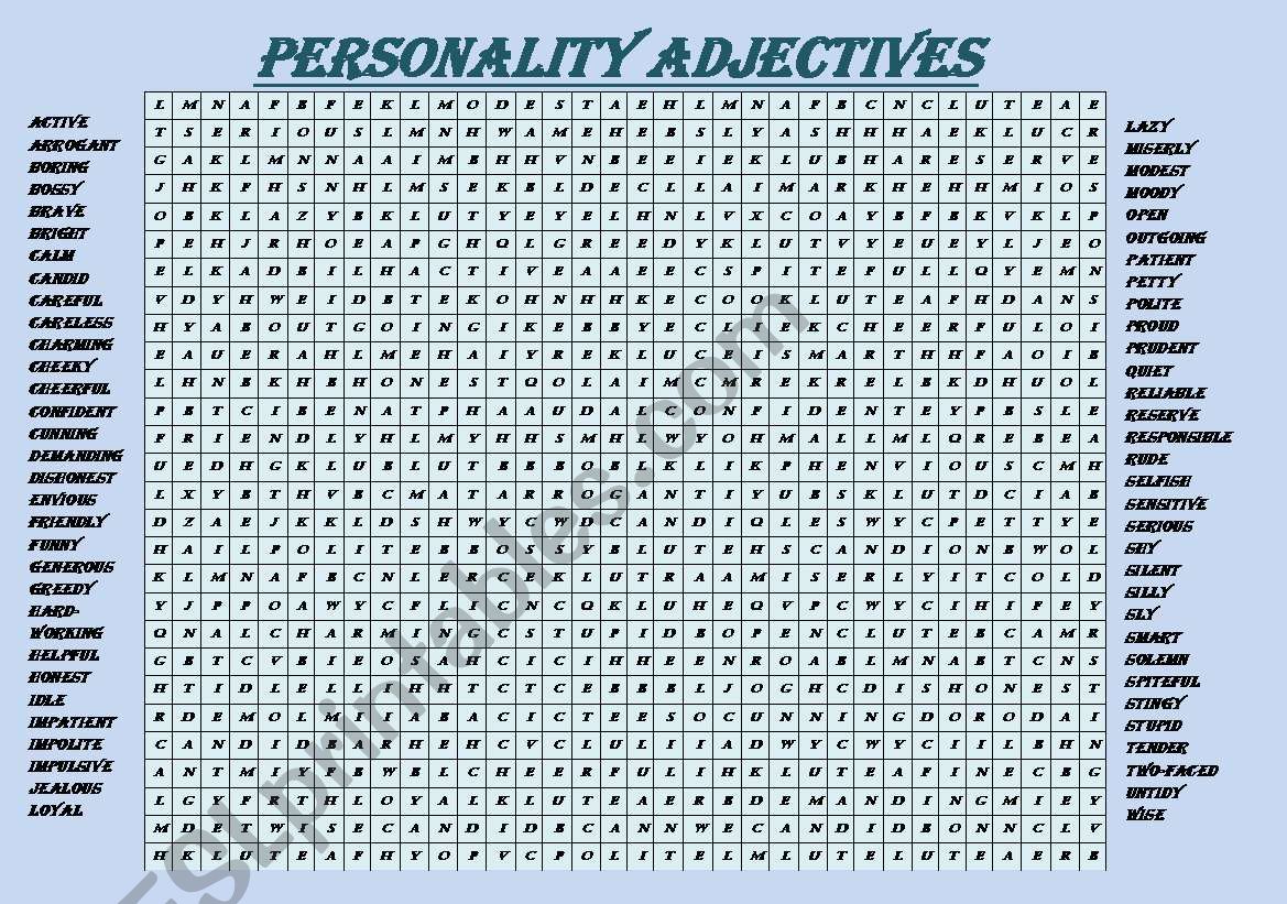 personality adjectives - wordsearch (fully editable with key)