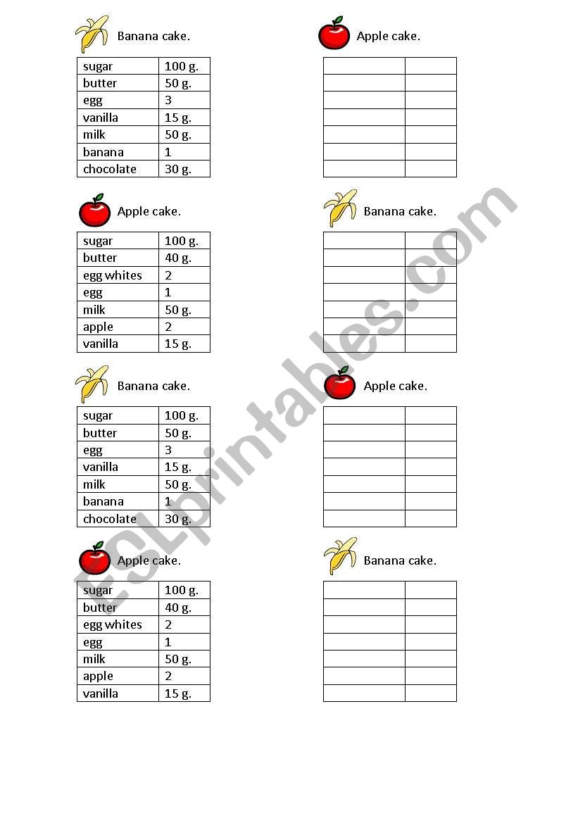 cakes recipes worksheet