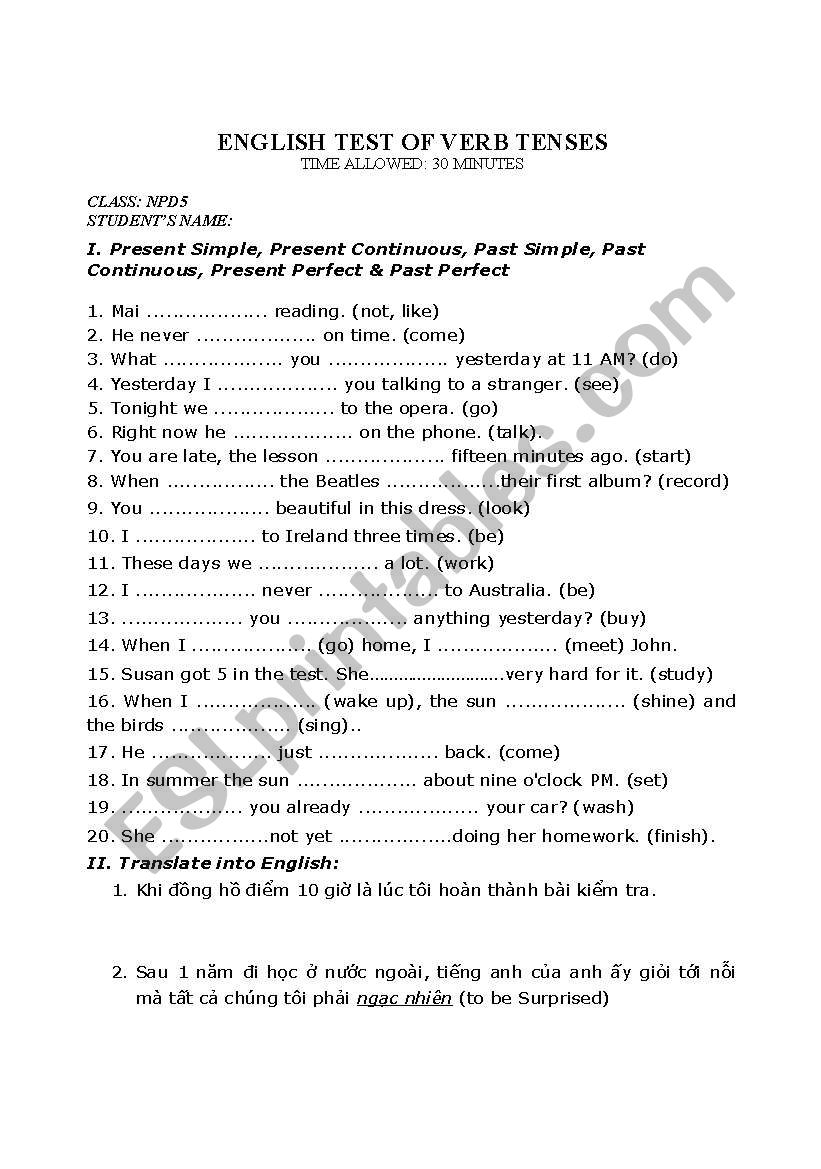 Verb tense test worksheet