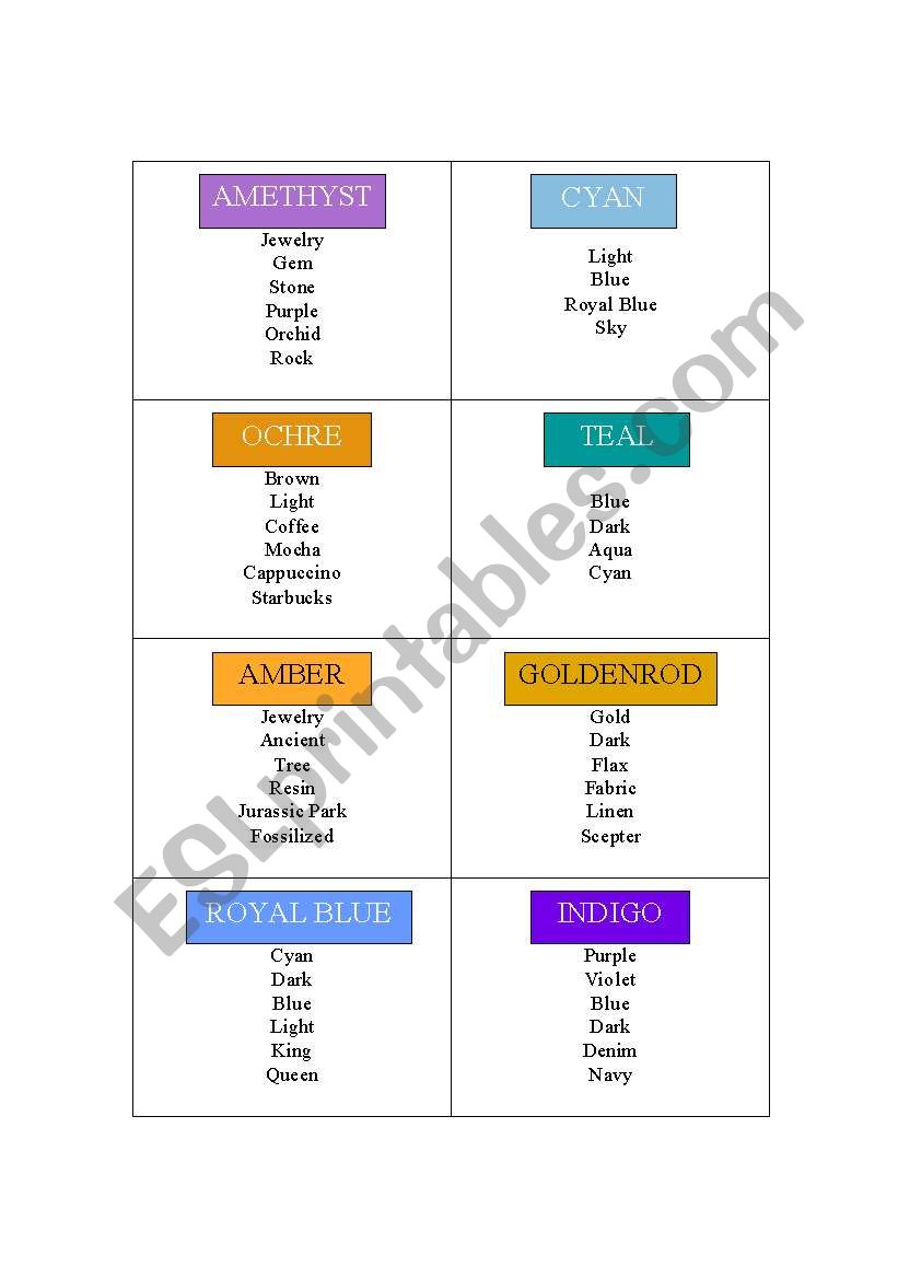 Color Chart: Taboo Cards worksheet