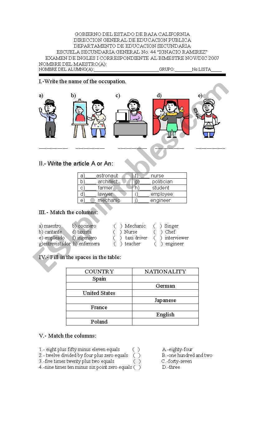 english test worksheet